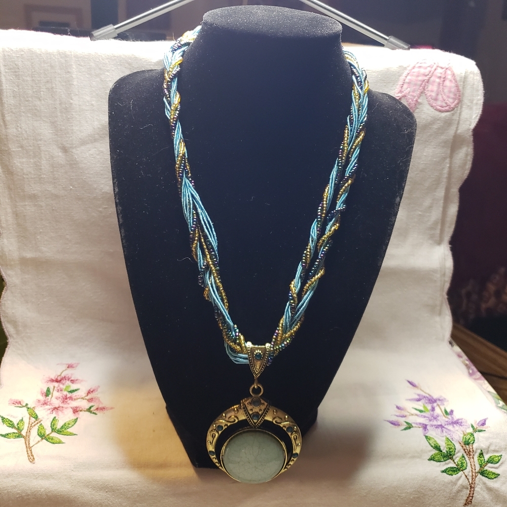 Shimmery Light Blue Resin Cabochon BOHO  Necklace